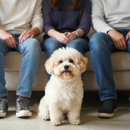a cute dog sitting next to a family
