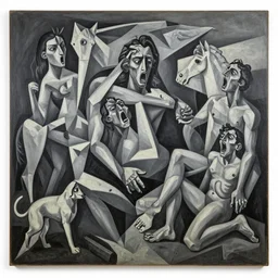 a big painting canvas of suffering and pain, destruction, people screaming, cats and dogs and horses, painting in grey tones, guernica style, picasso, abstract, epic, dramatic, ultra detailed, sharp, geometry