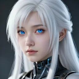 detailed portrait of perfect white haired girl, cyborg, beautiful, pretty face, blue eyes, innocent, final fantasy, scifi, 4 k, sun yunjoo, ultra realistic, highlights, cinematic lighting, highly detailed, sharp focus, artstation, masterpiece, art by hyungjin yang and akihiko yoshida and ruan jia