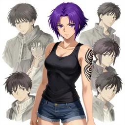 revy black lagoon, purple hair, black tank top, jean shorts, tribal tattoos right arm, portrait shinkai makoto studio ghibli studio key hideaki anno sakimichan stanley artgerm lau rossdraws james jean marc simonetti elegant highly detailed digital painting artstation pixiv
