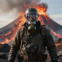 a gas masked riot looking to camera in a volcano, high quailty, digital art