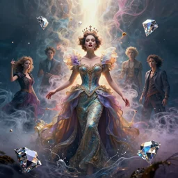queen in a chaotic storm of liquid smoke multicolor splash portrait, by petros afshar, sabbas apterus, brian sum, ross tran, tom whalen, shattered diamond, bubbly underwater scenery, radiant light