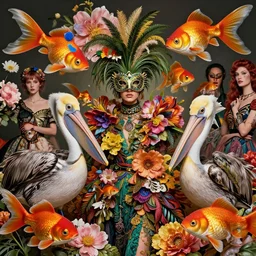 pretty model wearing a mardi grass mask surrounded by giant flowers, large pelicans and giant floating goldfish : : by martine johanna and simon stalenhag and chie yoshii and casey weldon and wlop : : ornate, dynamic, particulate, rich colors, intricate, elegant, highly detailed, vogue, harper's bazaar art, fashion magazine, smooth, sharp focus, 8 k, octane render