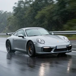 photo of a porsche 9 1 1 driving fast in the rain