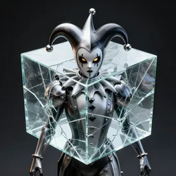 front shot of a court jester character ominous intricate fractal hyper cubes platinum cracked glass dark future metallic holography cryst shard lit edges poly extraordinary detailed concept artstation sharp focus ray tracing cinematic masterpiece fine portrait