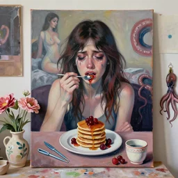 a self - portrait in a female artist's bedroom, a crying emo girl eating pancakes, berries, surgical equipment, handmade pottery, flowers, sensual, octopus, neo - expressionism, surrealism, acrylic and spray paint and oilstick on canvas
