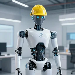 architect as robot in site with hard hat head portrait logo photorealistic