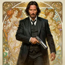 Keanu Reeves as God of Guns, brutal, epic, intricate, elegant, highly detailed, digital painting, 4k, HDR, concept art, smooth, sharp focus, illustration, art by alphonse mucha,artgerm, H R Giger