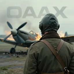 a photograph of a ww 2 pilot from behind. in the background there is a burned down spitfire plane with smoke and fire. nolan style. cinematic shot. detailed. hq. in - frame. imax. anamorphic film.