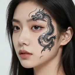 3 d, close - up, a young woman face, dragon tattoo