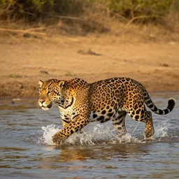 a single jaguar crossing a river, national geographic, golden hour