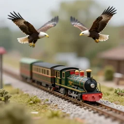 miniature train riding on a track next to an eagle flying by. tilt shift, close - up, 3 5 mm photography