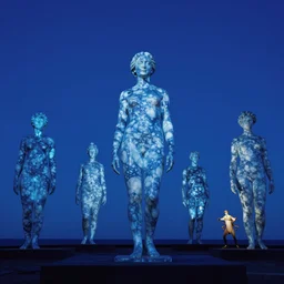 giant blue marble statues of women with blue light on the horizon by andreas achenbach and carl gustav carus and thomas cole and delphin enjolras, and dali, blue mood, blue light, epic composition