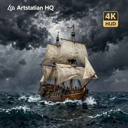 A pirate ship sailing atop the center of the chaotic ocean approaching a massive storm, painting in the style of Peter Paul Rubens, Dramatic Lighting, Trending on Artstation HQ, 4K, UHD