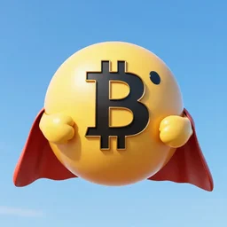 photo of bitcoin cryptocurrency logo in shape of pac - man wearing capes holding on the blue sky background, 4 k high resolution,
