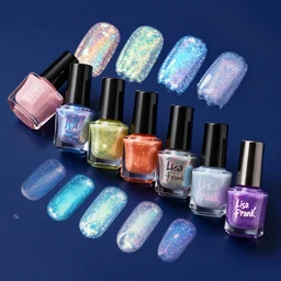 a row of colorful nail polishes on a dark blue background, swatches, promotional image, inspired by lisa frank, behance, holography, irridescent, iridescent, glitter