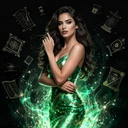 hyper realistic, the portrait of the absurdly beautiful, graceful, elegant, gorgeous, fashionable photorealistic ana de armas, anime fantastical runes scatter the background, slightly glowing energy in the pitch black, illuminated the figure from the bottom, green ethereal light, by david hardy, artgerm, russ tran