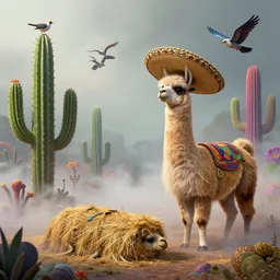 a mexican fever dream, haystack slugs, luchador llama, psychedelic cactus, flying bird people, hyper detailed, masterpiece, artstation, thick inky fog mist, advanced lighting technology, stylized yet realistic surrealism, 4 k wallpaper