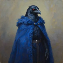 portrait of a kenku raven in a flowing indigo cloak. oil on canvas by lead character artist