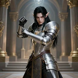 full body portrait of a beautiful male elf paladin in a temple, ornamental armor, pale skin, black long hair, red eyes, holy themed, platinum, fighting stance, high fantasy, detailed face, highly detailed, sharp focus, smooth, digital illustration, by clyde caldwell, greg rutkowski, hd, 8 k, octane