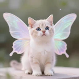 photograph of an adorable kitten with fairy wings. magic atmosphere, soft pastel colors