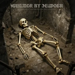 skeleton laying in a dungeon, moody atmosphere, medieval prison, dungeon cell, prison cell, dusty, artstation award, ultra - realistic, illustration, bones