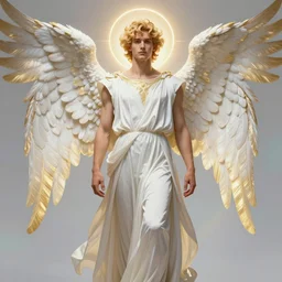 fullbody portrait of a beautiful young fit male angel with curly blond hairs, detailed face, dressed with long fluent clothes, majestic symmetrical eagle wings, luminous halo, by greg rutkowski and alphonse mucha, gradient white to gold, in front of an iridescent background, highly detailed portrait, digital painting, artstation, concept art, smooth, sharp focus illustration