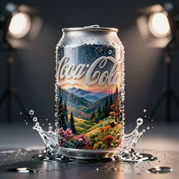futuristic can of coke ( desgined by apple ) in a splash of water, studio photo, studio lights, macro shot