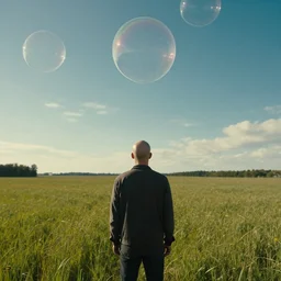 a bald man in a field looking at multiverse bubbles in the sky, from a christopher nolan movie