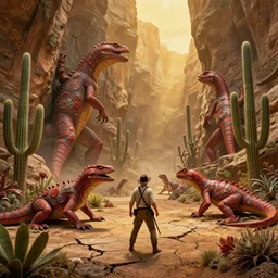 lost hero like indiana jones, ambushed by ancient floralpunk red massive lizards from underground, impressive rock canyons, fantasy world, arid environment of tall alien cactus,, ground cracks, style of albert bierstadt, gold dappled lighting,, god rays, lichen moss, diverse biome plants, hyper reaslitic