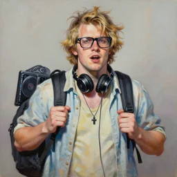 palette knife oil painting portrait of hans, a big boned energetic young man with untidy sandy hair wearing surfer shirt and carrying a backpack with dj gear. dj. nightclub glasses. headphones. stoner. artstation trending, artgerm, deviant art, hipster, octane, substance, art history 8 k