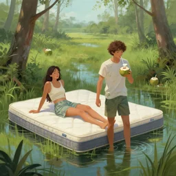 a couple on mattresses taking a walk in a swamp while drinking coconut water. Digital painting, highly detailed, conceptual art, soft, illustration