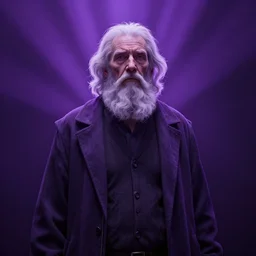 very cool render of an old man being in purple god rays.