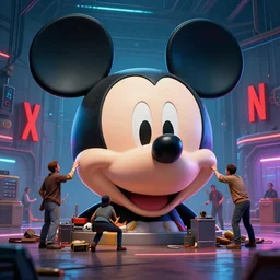 a group of people repairing the huge head of mickey mouse in hangar, a netflix logo on the background, cyberpunk art by greg rutkowski, cgsociety, retrofuturism, concept art