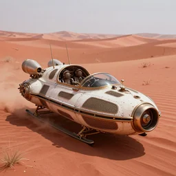 steampunk hovercraft in a red desert, greg rutkowski, 8 k, shallow depth of field, intricate detail, concept art,