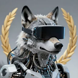 portrait of cybernetic wolf with cyberpunk vr glasses, mechanical parts, wires, closeup, editorial photography, award winning, establishing shot