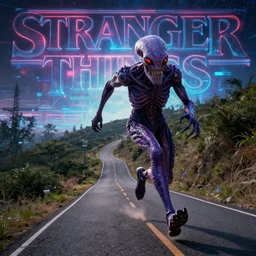 i'd be running up that road, be running up that hill,, stranger things, demogorgon, cyberwave, vector graphics, cinematic, photorealistic, highly detailed, volumetric lighting