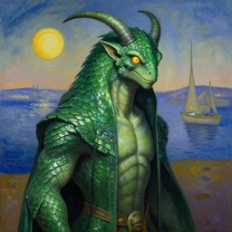 Dragorborn bard with green scales, matte painting, Dali, Monet, dungeons and dragons
