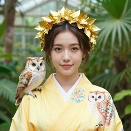 symmetry!! shallow focus!!! f 0. 9 5. portrait photograph of an extremely beautiful!!!! young female. symmetric face!.. round detailed eyes!!, slight smile. natural light. wearing a yellow!!!!!! kimono!! with a very detailed barn owl! on her shoulder in a tropical greenhouse. looking at the camera!!. golden crown!! made of golden leaves on her head. super resolution. extremely detailed face.