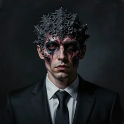 dramatic matte portrait painting of man in suit with black mandelbrot fractal instead of face, horror, body horror, dark art, 4 k, detailed, realistic, psychotic, insane, crazy, mental illness, dramatic,
