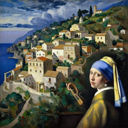 a painting of ancient roman village in amalfi coast hill by yves tanguy and vermeer and botticelli, dramatic lighting, analogous complementary colour scheme, vivid colours