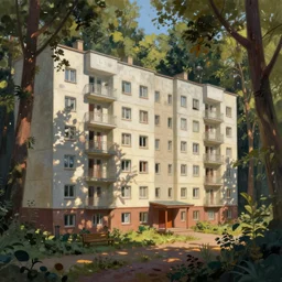 beautiful matte painting of cute soviet block of flats hrushevka in end of forest by ralph mcquarrie,