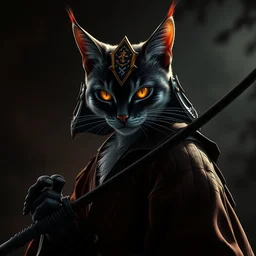 a photorealistic dramatic hyperrealistic full frame render of an elegant cat samurai by joe fenton, dan mumford, color poster art design, concept art, beautiful dynamic dramatic dark moody lighting, shadows, cinematic atmosphere, octane render, 8 k