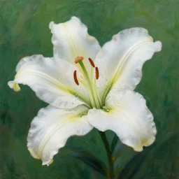 achingly beautiful painting of one white lily blossom on green background rene magritte, monet, and turner. piranesi. macro lens.