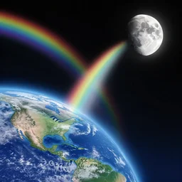 a rainbow connecting the earth and the moon