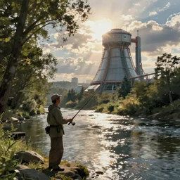 artistic rendering of a man fishing into a river with trees and a sci - fi nuclear containment building in the background, a sense of hope and optimism, monumental, harsh sunlight