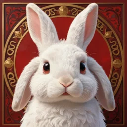close up portrait of anthropomorphic white rabbit, large floppy ears hanging down, big round eyes by artgerm, cushart krenz, greg rutkowski, mucha. art nouveau. gloomhaven, red tones, vibrant colors, sharp edges. ultra clear detailed. 8 k. elegant, intricate, octane render