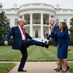 an ultra detailed picture portrait of Donald Trump kicking Joe Biden and Kamala Harris out of the white house 8k, photorealistic, Smooth,