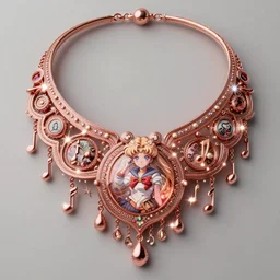 a Maximalism beautiful detailed necklace made of rose gold glowing in sparkles with heavenly notes Neo Rococo orientalism, highly detailed sailor moon aesthetic, fantasy, intricate, elegant, highly detailed, digital painting, artstation, concept art, matte, sharp focus, illustration, Artgerm and Greg Rutkowski and Alphonse Mucha