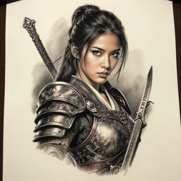 tattoo design on paper of a hyper realistic beautiful girl warrior, hyper detailed, inspired by eliot kohek